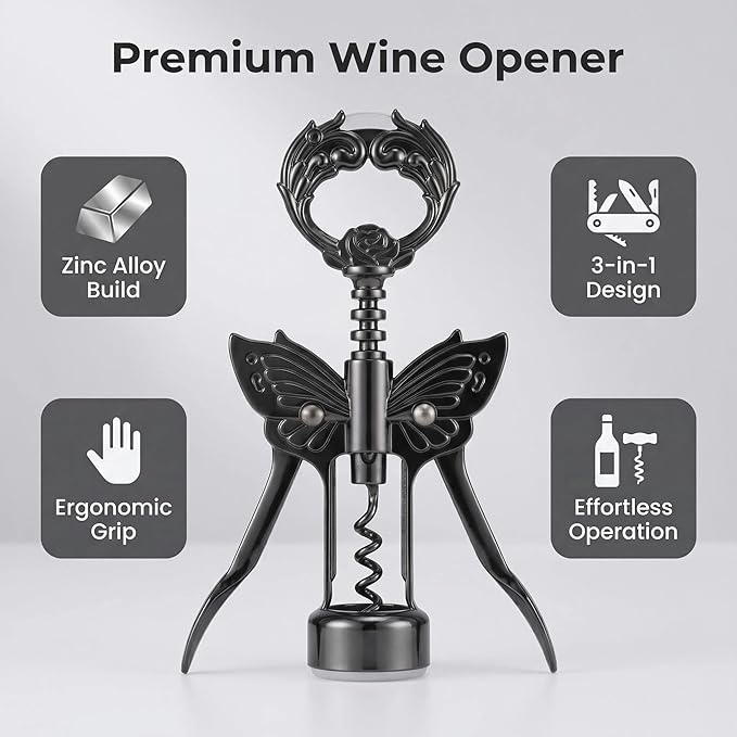 Wine Opener, 3 in 1 Zinc Alloy Premium Wing Corkscrew Wine Bottle Opener with Multifunctional Bottles Opener and Serrated Foil Cutter for Wine and Beer (Black)