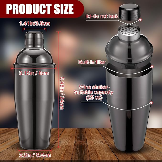 Nitial 6 Pcs Bar Cocktail Shaker Professional Stainless Steel Martini Drink Mixer Built-in Strainer for Bartending No Leaks Shaker for Bar Party Drink Mixer (Black,25 oz)