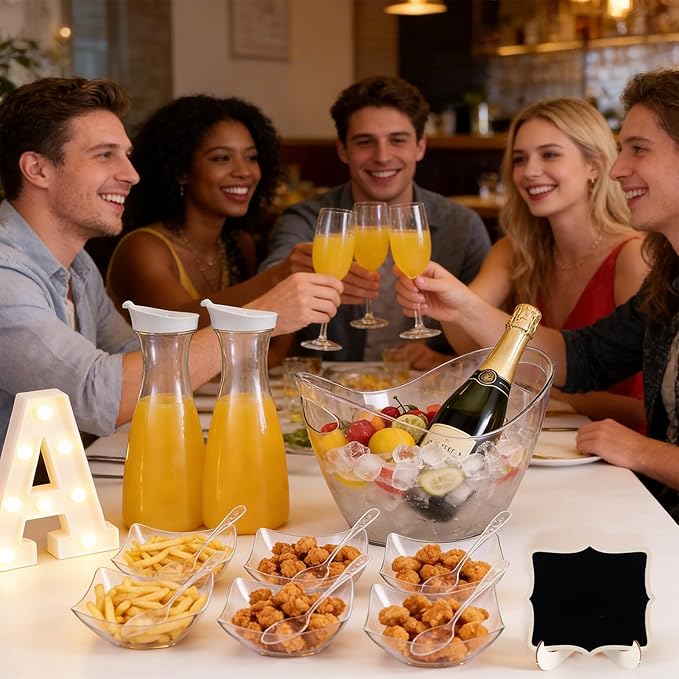 27 Pcs Mimosa Bar Supplies Include Acrylic Ice Bucket 4Pcs 34oz Plastic Carafe with Lids 6 Disposable Salad Bowls with Spoons & Tongs 10 Mini Wooden Chalkboards for Summer Party Family Gathering Bar