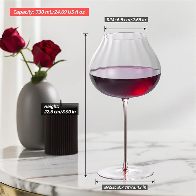 KAMMAK Wine Glasses Set of 2, 24.69 oz Hand Blown Crystal Bordeaux Wine Glasses, Thin Rim & Long Stem, Perfect for Red & White, Daily Use, Wedding or Birthday Gift with Gift Box, Onion Top Red