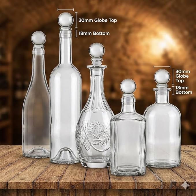 Perfume Studio Premium Globe Glass Stopper. Airtight 18mm Neck Size Replacement with a 30mm Globe Size for Wine, Spirits, Apothecary, Decanters, Perfume Bottles. High-Clarity Glass [Pack Size 4-Pack]