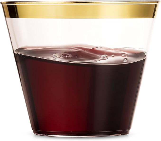 Munfix 100 9 Oz Clear Plastic Cups, Old Fashioned Tumblers, Fancy Disposable Wedding Cups, Elegant Party Cups with Gold Rim