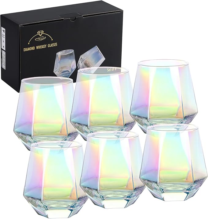 Wine Glasses Set of 6 (10 Oz), Stemless Wine Glass for Red and White Wine, Iridescent Diamond Shaped Glassware for Whiskey, Cocktail, Best Gift Anniversary, Wedding, Housewarming, Birthday