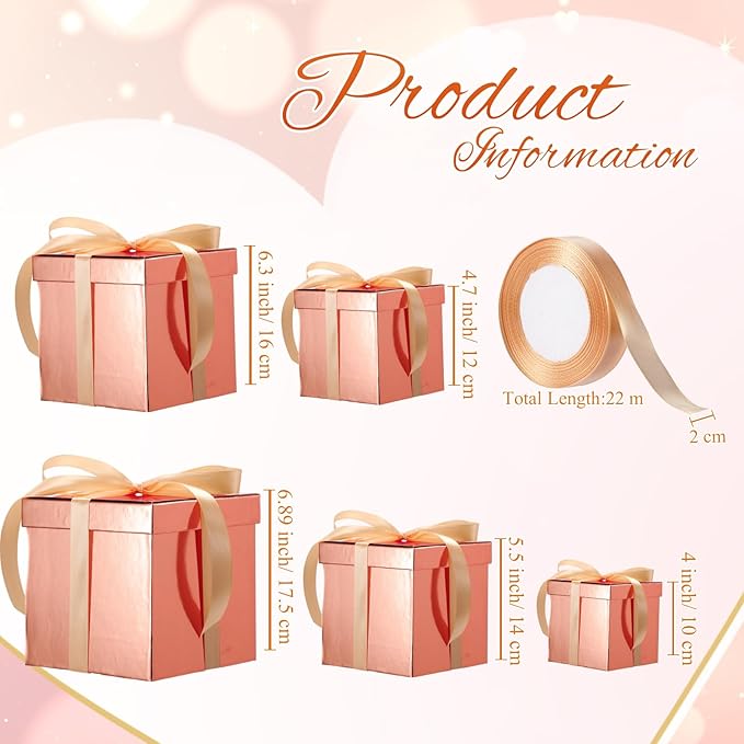 Cholemy 5 Pcs Square Nesting Boxes Decorative Gift Boxes with Lid and Ribbon Assorted Sizes Wrap for Wedding, Carnival, Anniversary, Birthday, Bridal Shower Party Gifts(Shiny Rose Gold)