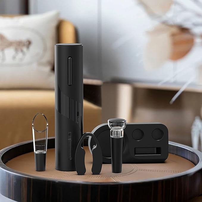 Rechargeable Electric Wine Bottle Opener, 5-in-1 Automatic Wine Opener Set, Electric Wine Opener with Foil Cutter, Wine Pour, Wine Stopper and Storage Base