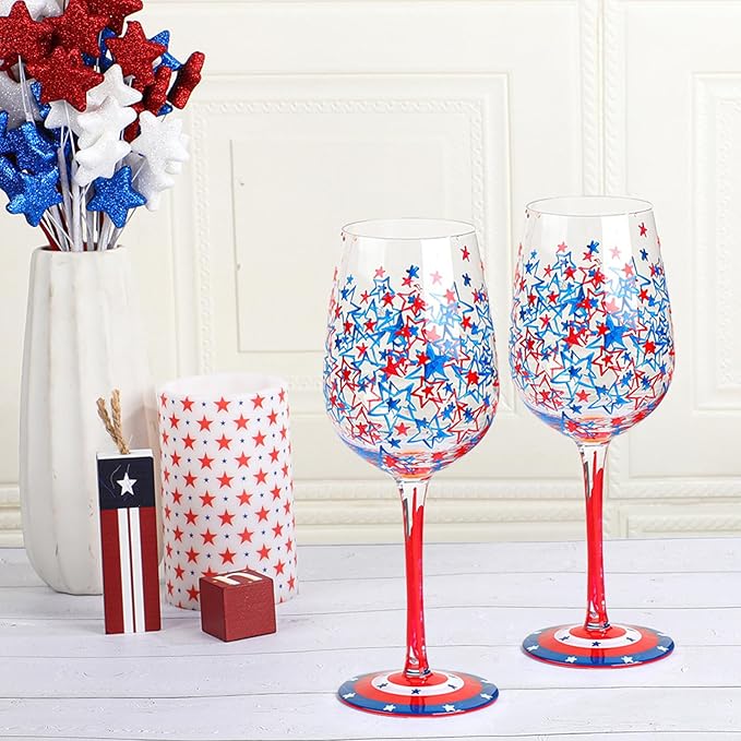 SiliFine 2 Pcs Independence Day 4th of July Party Stemmed Wine Glasses Hand Painted USA American Flag Star Drinking Cup Wine Glasses Gifts for Patriotic Theme Holiday Supplies