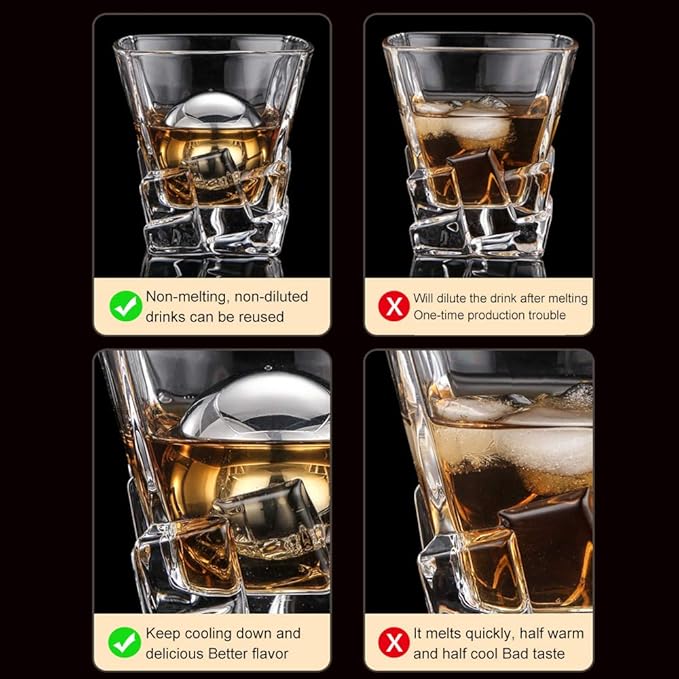 Whiskey Stones 2 Pcs Reusable Metal Ice Cube Large Stainless Steel Round Whiskey Balls Spherical Beverage Chilling Rocks Sphere Golf Ball Scotch Set for Red Wine Bar Beer Scotch Vodka Drinks(55mm)