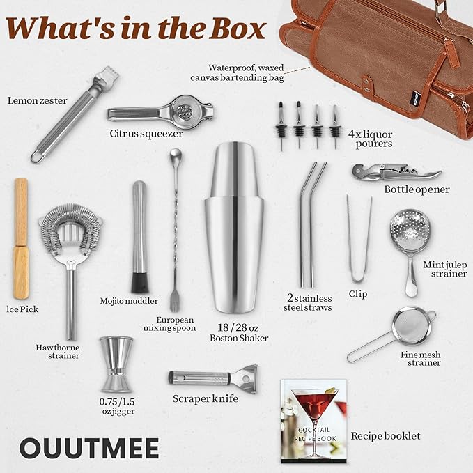 Travel Bartender Kit Bag with 22-Pc Cocktail Shaker Set, Waxed Canvas Protable Carrying Bartender Bag with Stainless Steel Bar Tool Set, Roll-Up Bartenders Kits for Professional Bartenders