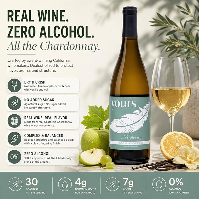 YOURS Non-Alcoholic Wine – Premium Award-Winning Wine Alternative, Alcohol-Free & Monk Fruit Sweetened – 750mL Bottle (Chardonnay)