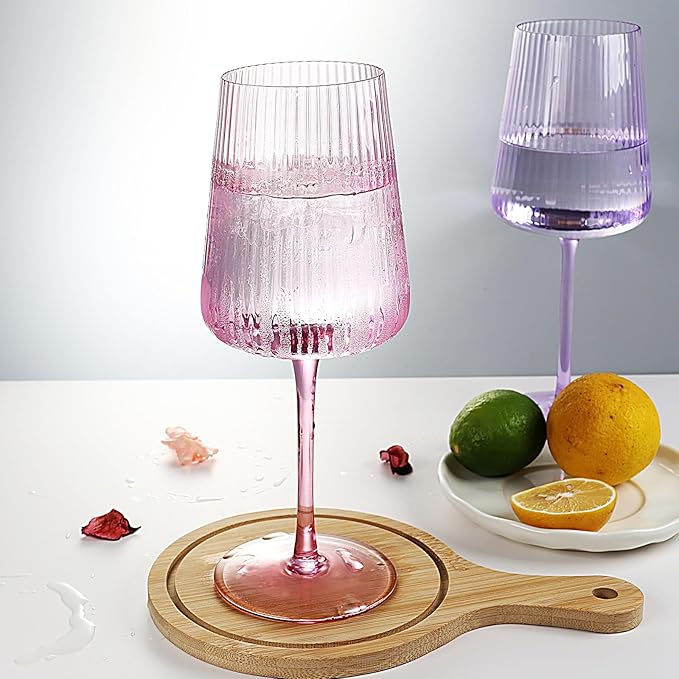 Hand Blown Ribbed Wine Glasses with stem, Lead-Free Crystal Glasses, Luxury Gift, Set of 4, Unique, 18oz Premium Wine Goblet, Large capacity, Fluted Design (Summer Colored)
