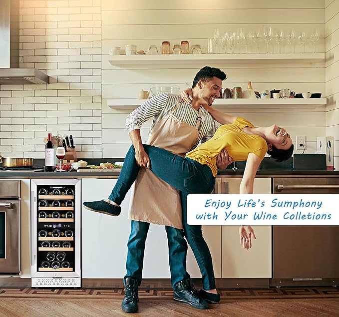 Tylza 15 Inch Wine Fridge, 30 Bottles Dual Zone Wine Cooler Refrigerator, Undercounter or Freestanding, 40-65°F, Wine Cabinet with Tempered Glass Door, Wine Cooler for Home, Kitchen, Bar