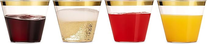 Munfix 100 9 Oz Clear Plastic Cups, Old Fashioned Tumblers, Fancy Disposable Wedding Cups, Elegant Party Cups with Gold Rim