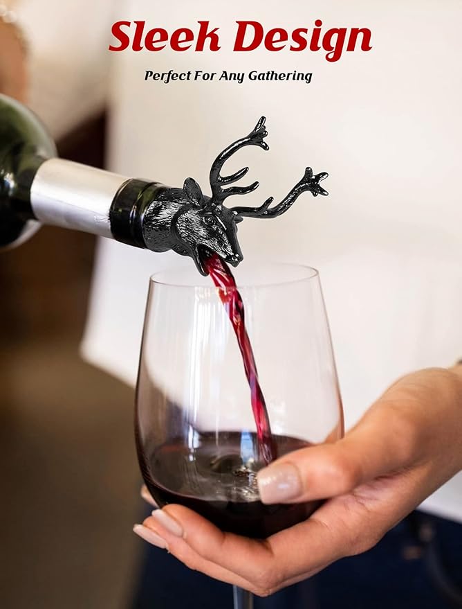 Deer Stag Head Wine Aerator Pourer Spout, Elk Olive Oil Liquor Bottle Decanter, Dark Grey Plated Creative Gifts for Alcohol Spirits Whiskey