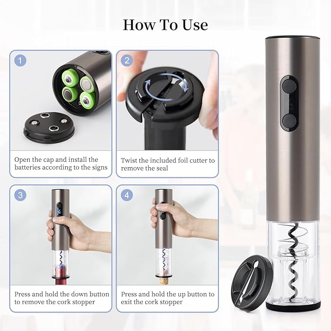 Battery Operated Electric Wine Opener by ELMWAY - Stainless Steel Electric Corkscrew with LED Light & Foil Cutter, Simple Push-Button Operation for Wine Lover (Black, 4 x AA Not Included)