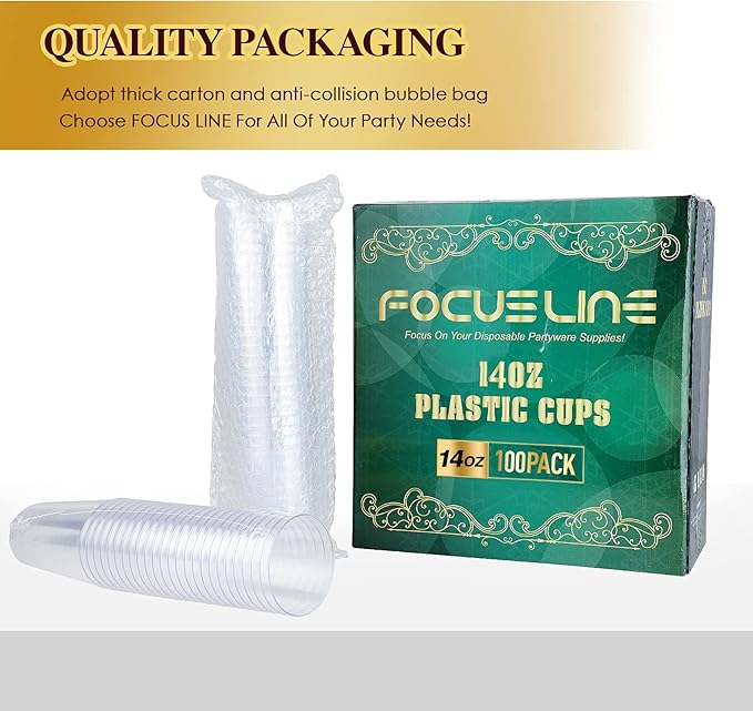 FOCUSLINE 100 Pack 14 oz Clear Plastic Cups, Disposable Cups Large Reusable Plastic Tumblers, Heavy-duty Clear Cups 14 Ounce for Wedding Party, Thanksgiving, Halloween, Christmas