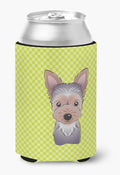 Caroline's Treasures BB1294CC Checkerboard Lime Green Yorkie Puppy Can or Bottle Hugger Cooler Washable Drink Sleeve Collapsible Beverage Insulated Holder, Can Hugger, Multicolor