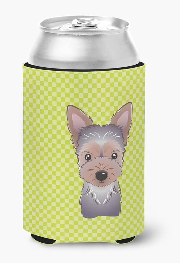 Caroline's Treasures BB1294CC Checkerboard Lime Green Yorkie Puppy Can or Bottle Hugger Cooler Washable Drink Sleeve Collapsible Beverage Insulated Holder, Can Hugger, Multicolor