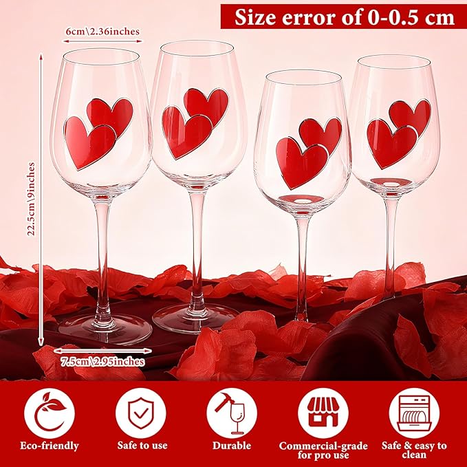 SiliFine 4 Pcs Valentine's Day Red Hearts Theme Party Stemmed Wine Glasses Hand Painted Red Heart Drinking Cup Wine Glasses Gifts for Birthday Theme Holiday Party Supplies