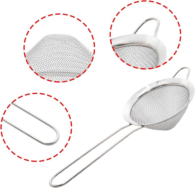Silvery Fine Mesh Strainer - 304 Stainless Steel Handheld Sieve, Small Kitchen Filter for Baking, Tea & Cocktail Making