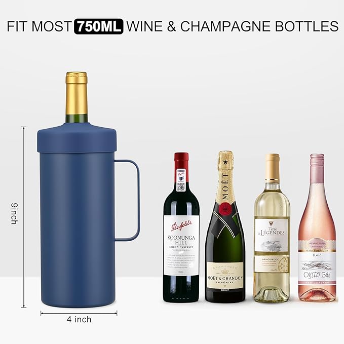 MAXSO 42oz Wine Chiller Iceless Cooler Tumbler - Gift for Wine Lovers, 2-IN-1 Stainless Steel Vacuum Insulated Bucket Portable Mug Cup Wine Accessory Keep Cold, Fit Most 750ml Wine & Champagnes, Blue