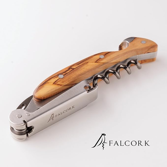 Corkscrew for Professionals FALCORK® 144 – Agility – One-Step Lever, Marked Helix and Generous Handle in Smooth Olive Natural Wood for Safe, Intensive Uncorking in Hospitality – Plastic-Free
