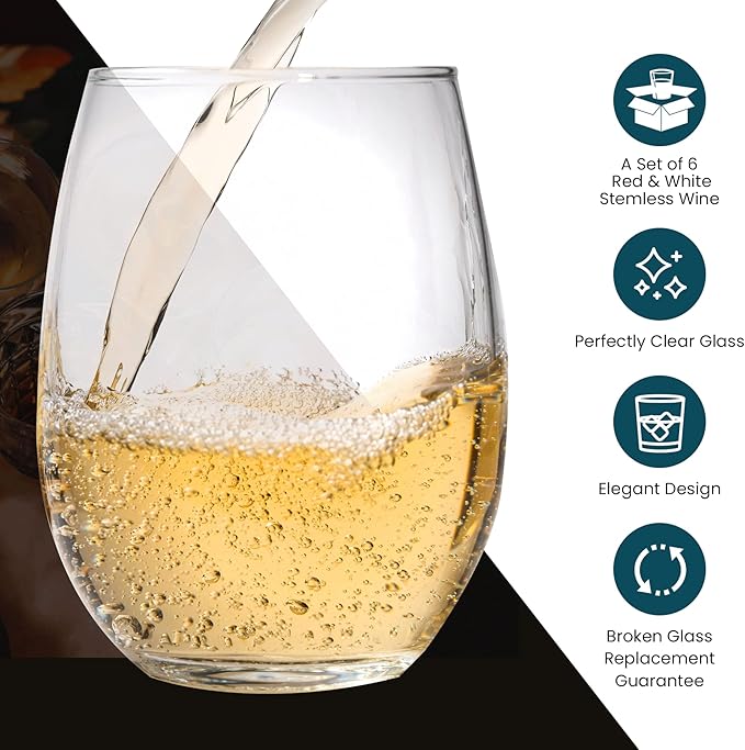 Stemless Wine Glass, Red & White 18oz Stemless Wine Glass Set of 6, Drink Glasses with Durable Chip Resistant Rim, Large Wine Glasses for Enhanced Aeration, Wine Accessories for Parties (18oz -6Pack)