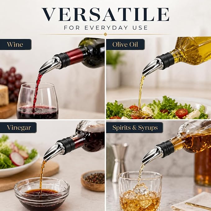Stainless Steel Wine Aerator and Pourer Set, 5-Piece 2-in-1 Wine Spout with Silicone Bottle Stopper, Premium Silver Wine Accessories for Home Bar, Elegant Gift Box, No-Drip Pouring & Enhanced Flavor