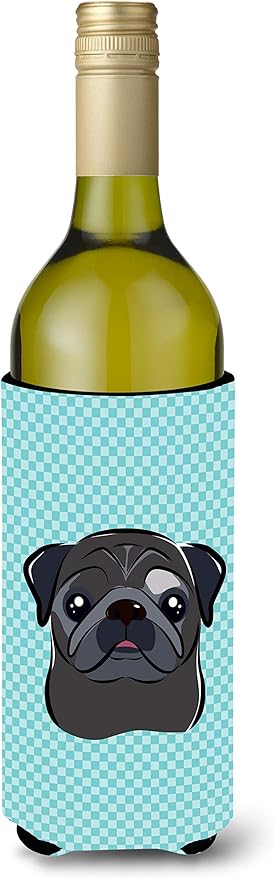 Caroline's Treasures BB1201LITERK Checkerboard Blue Black Pug Wine Bottle Hugger Bottle Cooler Sleeve Hugger Machine Washable Collapsible Insulator Beverage Insulated Holder