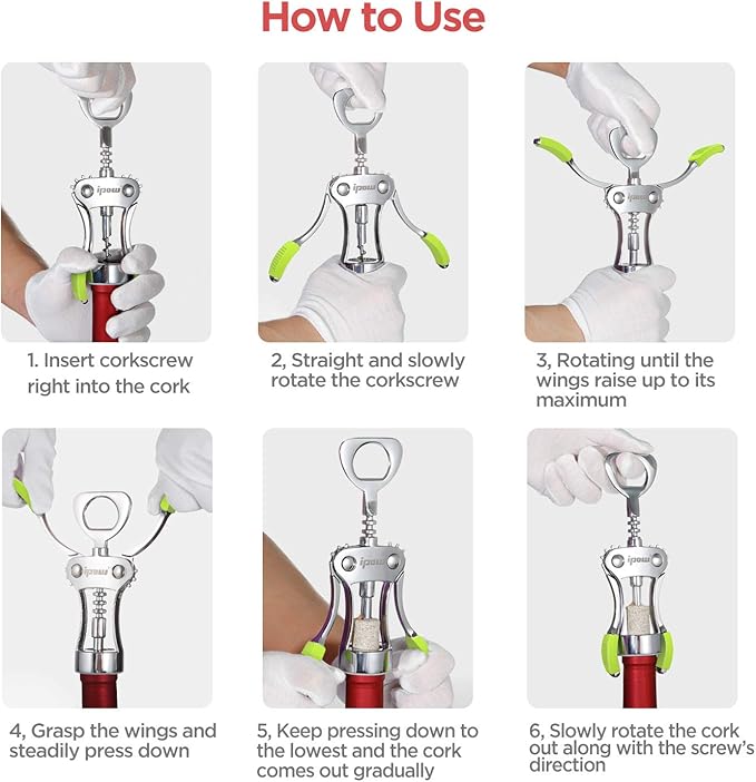 IPOW Wine Opener, Zinc Alloy Wine Bottle Opener, Wing Corkscrew Heavy Duty, Manual Multifunctional Cork Screw for Waiter, Green