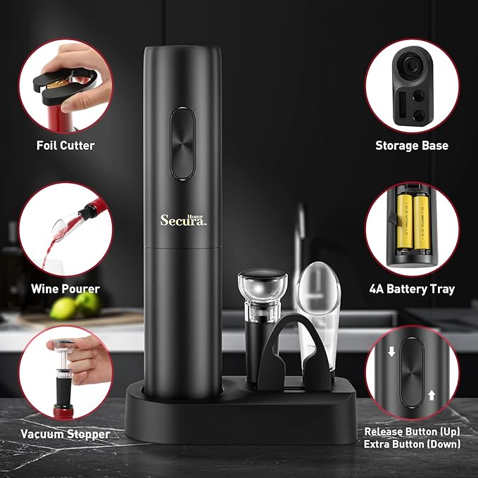 Secura Electric Wine Opener Battery Operated Automatic Wine Bottle Opener Set Reusable Corkscrew with Foil Cutter, Vacuum Stoppers, Aerator Pourer Wine Set Gift for Wine Lovers, Black