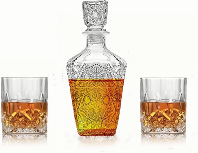 Whiskey Decanter Set,800ML Elegant Liquor Carafe with Ornate Glass Stopper and 2 Matching Whisky Tumblers–Whisky,Scotch, Liquor, Wine, Bourbon, Gin, Rum, Tequila, Vodka and Brandy (Diamond Style)