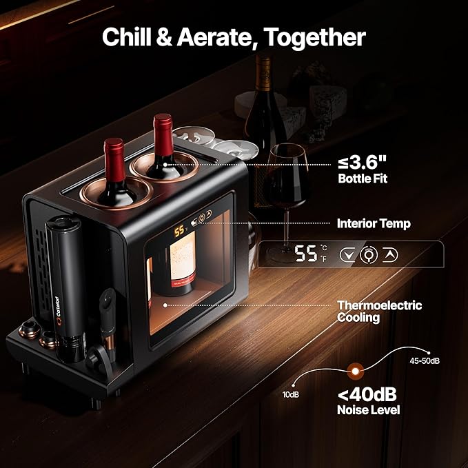 Ca'Lefort Electric Wine Chiller - 46-64°F Wine Cooler for 2 Standard Bottles (3.6" Dia.), All-in-1 Set Electric Opener & 2 Glasses, Perfect for Red, White, Champagne at Home/Office, Gift for Men Women
