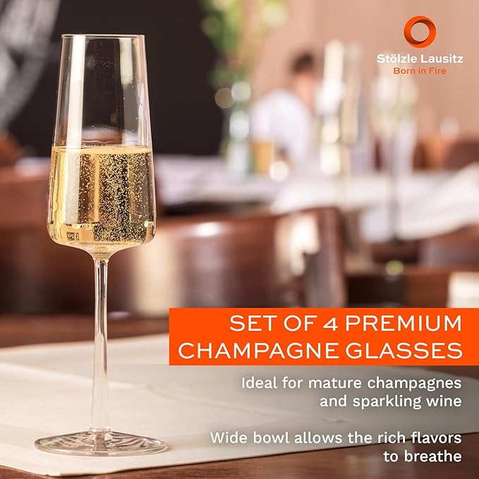 Stölzle Lausitz Champagne Glasses Power 4-Piece Set 8 oz – Elegant Flutes Ideal for Prosecco & Sparkling Wine – Crystal Champagne Glasses – Dishwasher- & Shockproof