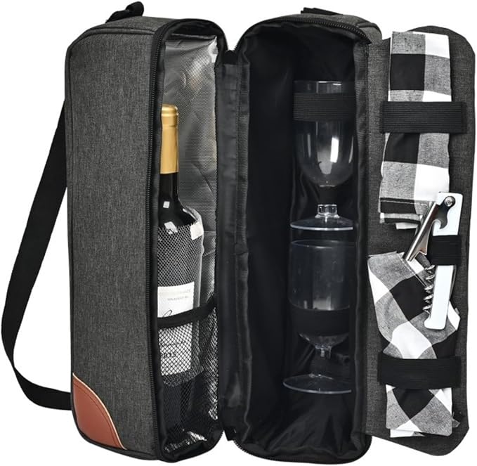 Wine Bag,Insulated Cooler Bag with Wine Glasses Steel Corkscrew Bottle Opener and Napkins Portable Wine Gift Bag for Picnics,Party,Travel (Gray)