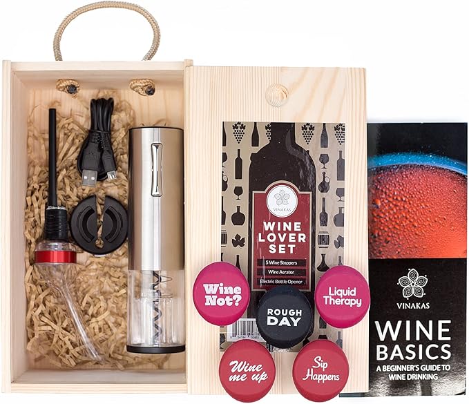 Wine Gifts Set – Wine Accessories Set w/Wooden Box- Wine Gift Set includes Rechargeable Wine Opener Set, Wine Aerator, Wine Stoppers & Pairing Guide- Wine Basket Gift - Valentine's Day Gifts for Women