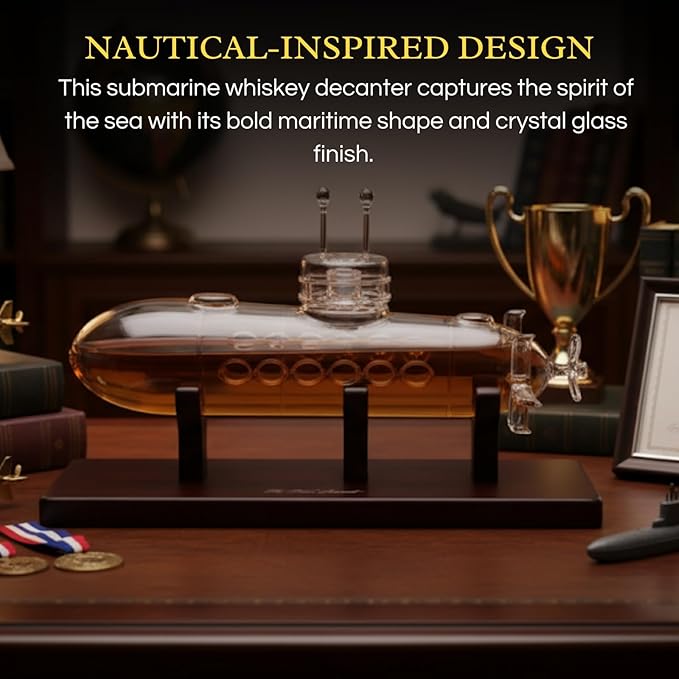 Submarine Whiskey & Wine Decanter Set - Wood Base 25oz Crystal Glass Dispenser Navy Nautical Naval Maritime Anniversary Birthday Gifts Men Who Have Everything Holiday Gifts, Father Husband Boyfriend