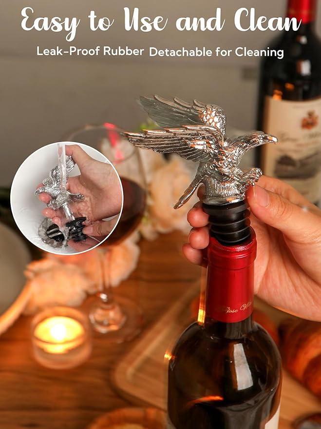 Bald Eagle Wine Pourer Bottle Stopper, Zinc Alloy Metal Eagle Wine Spout for Wine & Liquor Bottles, Drip Free Universal Fit Zinc Alloy Animal Wine Pourer Bar Accessory, Patriotic Wine Gifts for Men