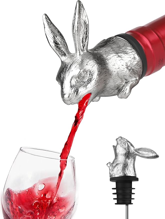 Bunny Rabbit Wine Bottle Pourer and Stopper, Metal Animal Liquor Pour Spout for Wine, Whiskey, Olive Oil, No-Drip Universal Fit Bar Accessory, Cute Bunny Gift for Easter, Housewarming, Party