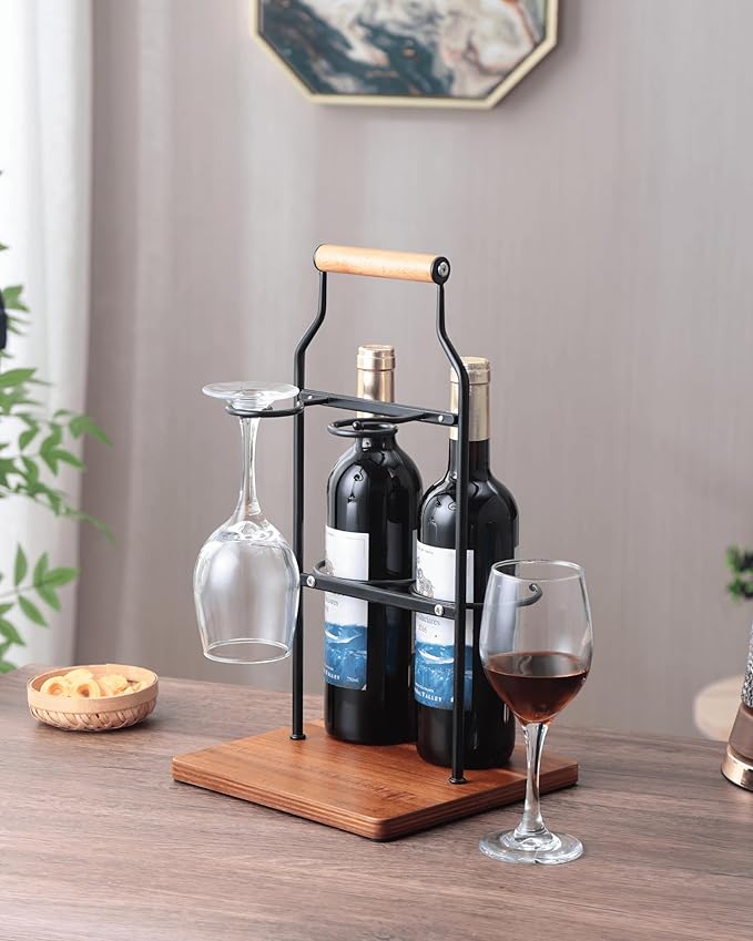 Countertop Wine Rack and Glass Holder | Portable Wine Caddy Holds 2 Bottles & 2 Glasses | Small Wine Rack with Wood Base, Perfect for Tabletop Wine Storage & Home Bar Decor (Black)