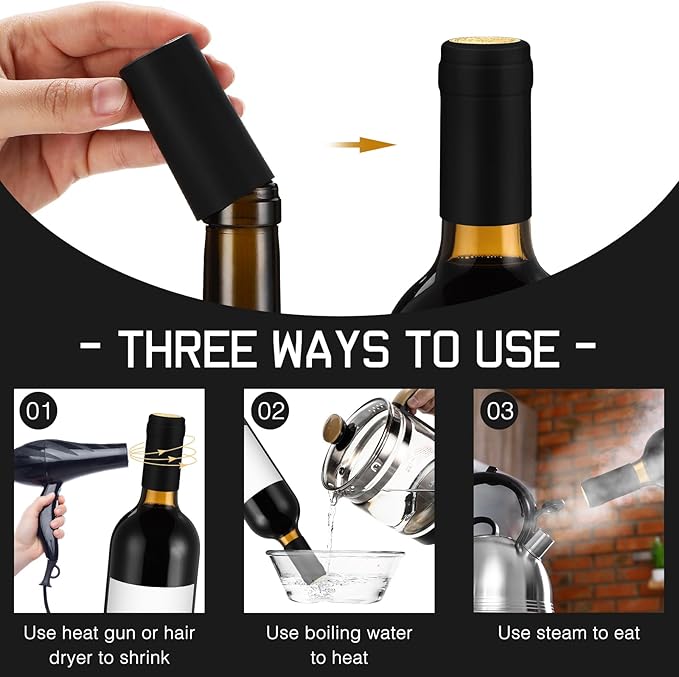 Maxdot 120 Count PVC Heat Shrink Capsules with Storage Box Wine Bottle Sealer for Cruise Shrink Wrap Bottle Corks Capsules for Professional Making Wine Cellars and Home(Black)