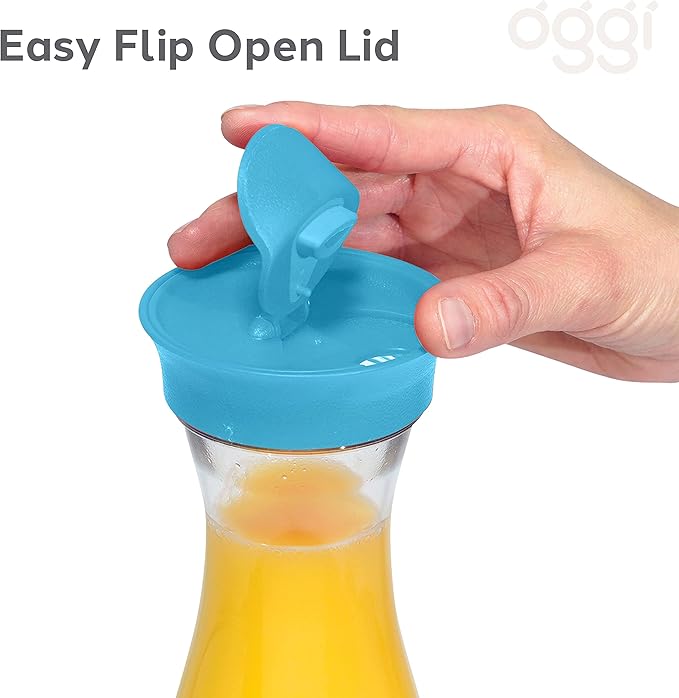 OGGI Clear Carafe w/Flip Open Lid - Ideal Juice Bottle, Clear Pitcher with Lid, Tea Pitcher, Water Carafe, 1.6 Lt(54Oz), Aqua