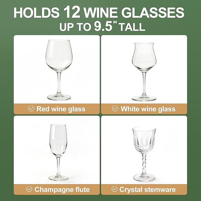 LotFancy Stemware Storage Container - Deluxe Quilted Storage Case with Dividers for 12 - Wine Glasses, Champagne Flutes, Glassware, Drinkware Storage Box Chest, 15.5"x12.5"x 10", Gray
