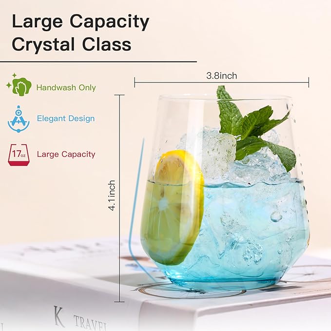JOVGANK Blue Stemless Wine Glasses Set of 6 - Hand Blown White Red Stemless Wine Glass - 17 oz, [Lead-Free Crystal Glass] Large Short Glass Tumblers, Housewarming Gifts and Mother's Day Gift