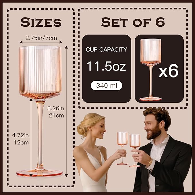Pale Peach Colored Square Wine Glasses Set of 6, Ribbed Design Peach Crystal Glassware with Long Stem, 11.5oz Hand Blown Red & White Wine Stemware For Home Dinner Party Wedding Housewarming Gift