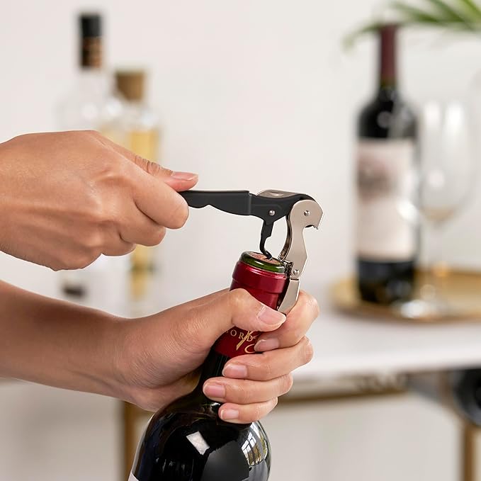 True Truetap Double Hinged Waiter's Corkscrew Wine Opener, Stainless Steel Wine Bottle Opener with Foil Cutter, Home Bar Tools, Bar Cart Accessories, Wedding Gifts, Set of 1, Black