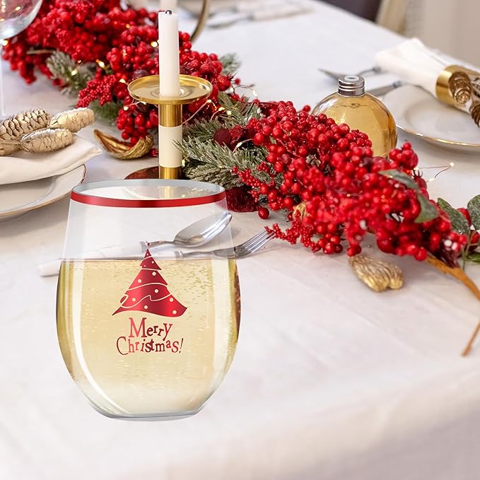 SUT Plastic Cups, Disposable Wine Glasses, 12oz Red Plastic Wine Glasses for Christmas (24PCS)