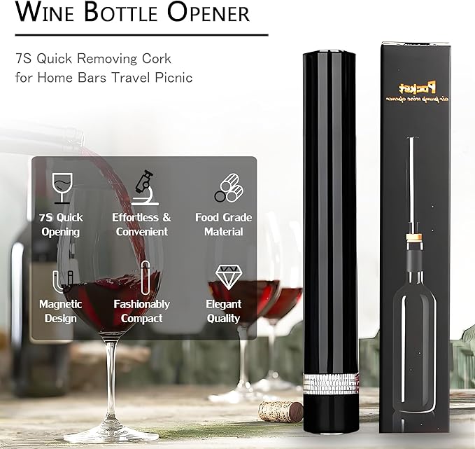 Mini Wine Opener | Travel Portable Pocket Air Pressure Pump Wine Bottle Opener | Silver Metal 7S Quick Bottle Opening | For Home, Restaurant, Party, Wine Lovers