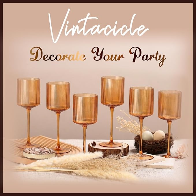 Amber Colored Square Wine Glasses Set of 6, Elegant Ribbed Design Amber Crystal Glassware with Long Stem, 11.5oz Hand Blown Red & White Wine Stemware For Home Dinner Party Wedding Housewarming Gift