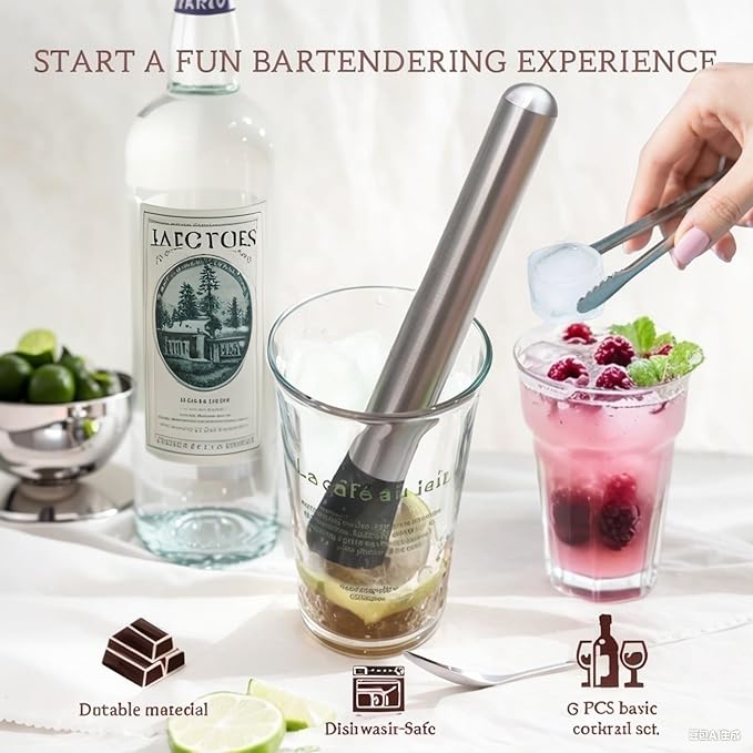 Muddler for Cocktails,10" Bar Spoon & Ice Tongs with Serrated Tip, 3PcsStainless Steel Bar Tools Set for Mojitos, Lemonade, Fruit Drinks, Home PartyBar Accessories