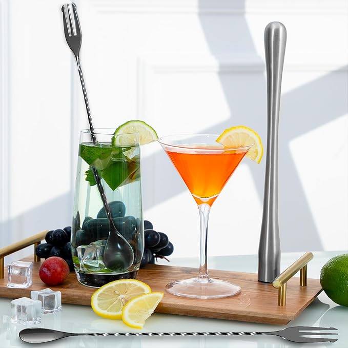 BRIOUT 2 Pcs Bar Spoon, 12 Inches Long Handle Drink Stirrer, Stainless Steel Bar Cocktail Mixing Spoons with Double Ended Design for Stirring, Black